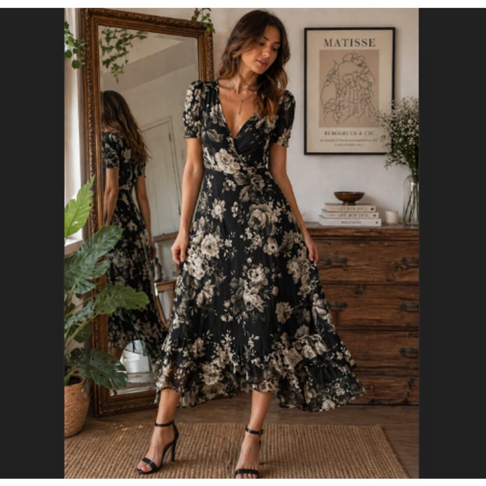 Rare Denim & Supply Ralph Lauren Sz Small Dark Floral Puff Sleeve Wrap Dress